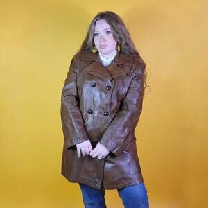 Vintage 70s Grais Dark Brown Leather Button Up Coat, Faux Fur Lining, 42